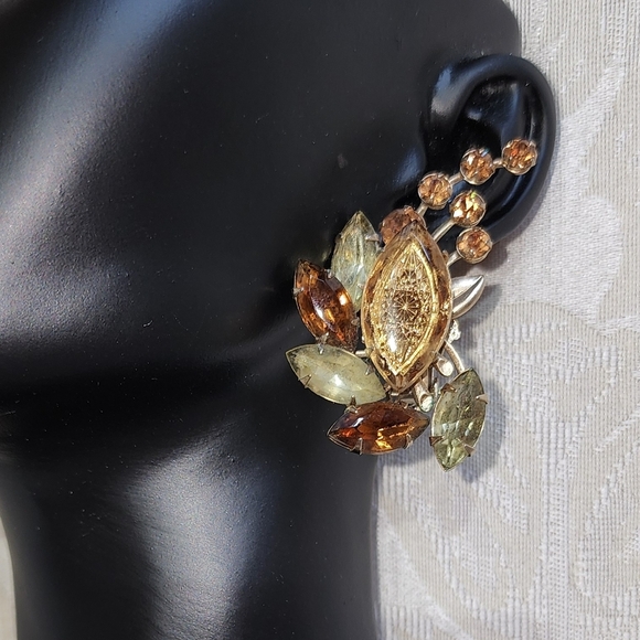 JUDY LEE Vintage 50s Brooch & Clip-On Earrings Set Gold Leaf Aurora Rhinestones - Picture 4 of 14